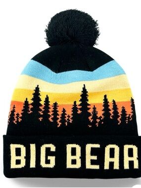 Adult Black Pom Beanie with Sunset Stripe and BIG BEAR Cuff unisex